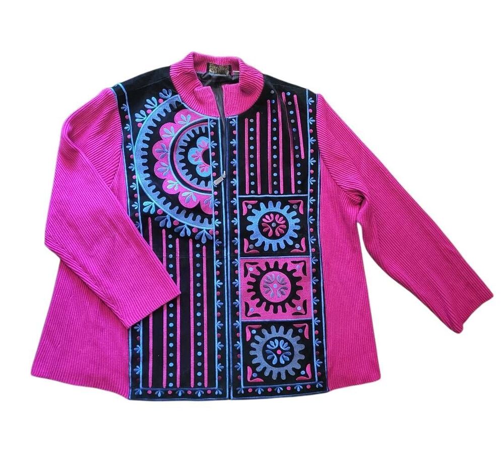 Bob Mackie Jacket Women's 2X Fuchsia Pink Leather Embroidery Wearable Art